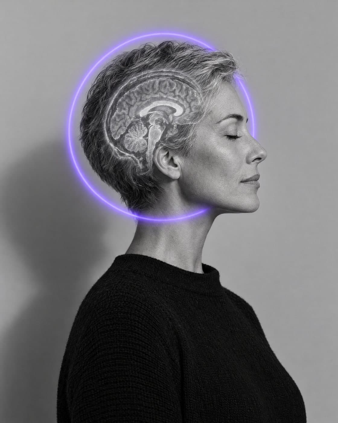Black and white portrait of a woman in profile with a glowing ring showing a brain MRI, an illustration